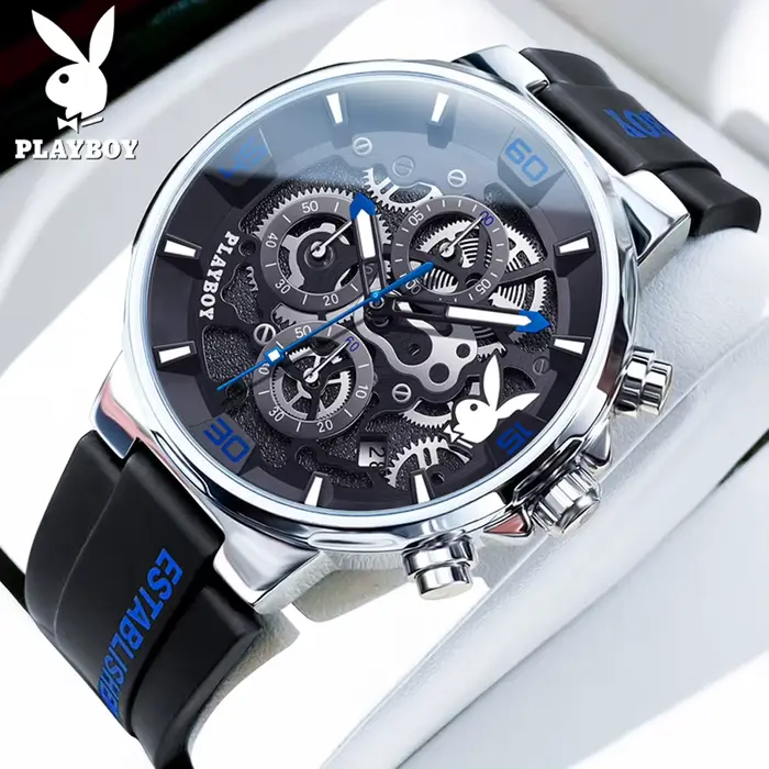 PLAYBOY 3063 Montres à quartz originales pour hommes, bracelet en silicone tendance, étanche, lumine