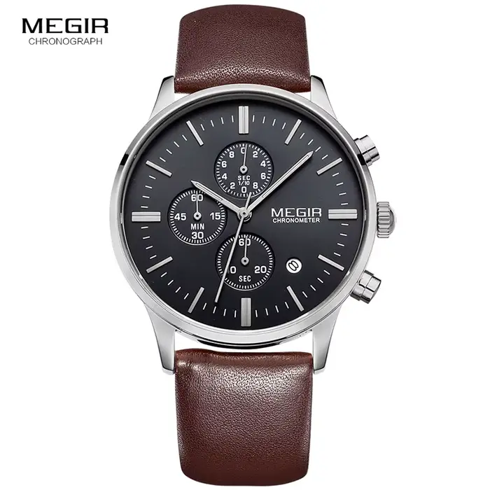 Mode Megir 2011 Top marque Quartz hommes lumineux étanche montre de sport homme Commercial en cuir véritable affaires montres