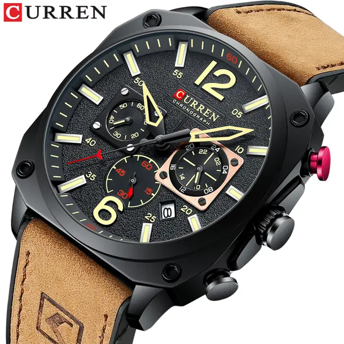 Montre chronographe carrée vintage pour homme, style militaire décontracté, quartz, boîtier en alliage, bracelet en cuir, résistance à l'eau 3 bars, cadeau idéal pour occassions spéciales