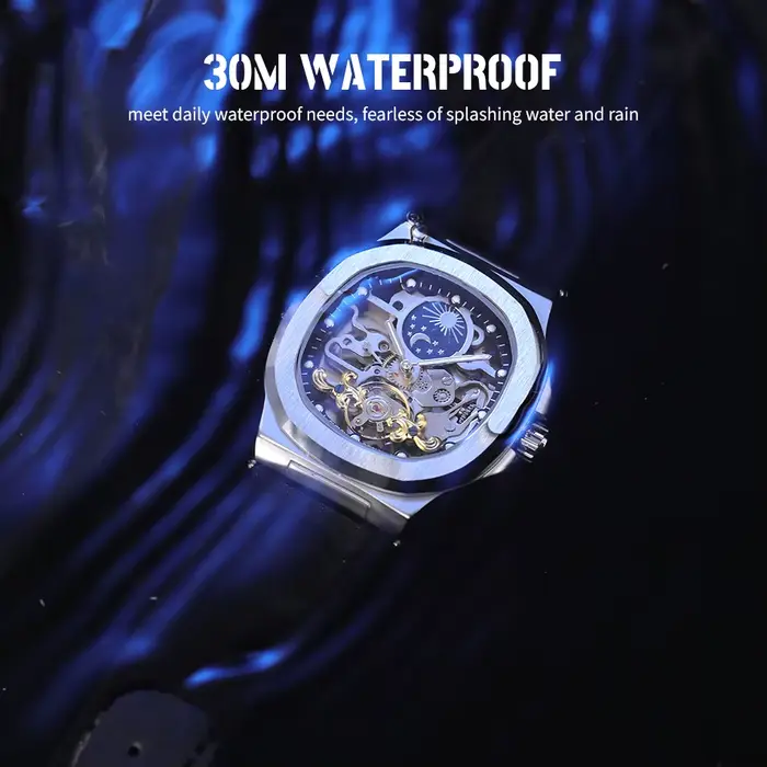 2025High-end luxe SKROX carré homme montre saphir Tourbillon acier squelette Phase de lune mouvement automatique en cuir hommes montres