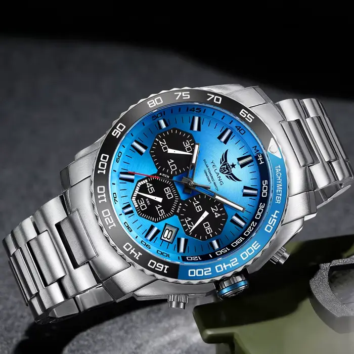 Montre YELANG homme militaire 44mm plongeur Eco-Drive résistante à l'eau avec tubes lumineux acier inoxydable pour occasions spéciales et plongée