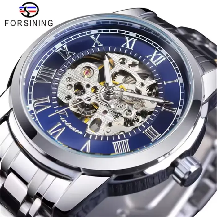 Forsining 349 montre mécanique pour hommes affaires squelette rond argenté noir acier inoxydable montres-bracelets manuelles pour horloge masculine