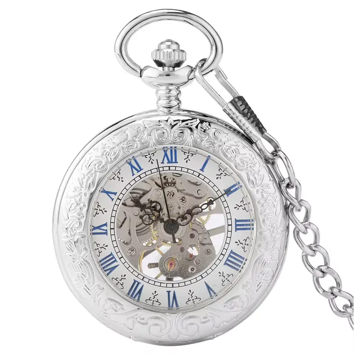 Montre de poche antique en argent mécanique avec mouvement ventilation manuel et affichage de chiffres romains bleus pour hommes et femmes occasions spéciales cadeaux pour personnes âgées