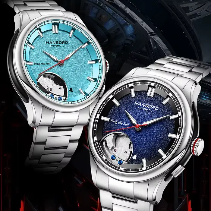 Montre automatique homme HANBORO édition limitée acier inoxydable bracelet caoutchouc alarme cadran squelette saphir occasions spéciales
