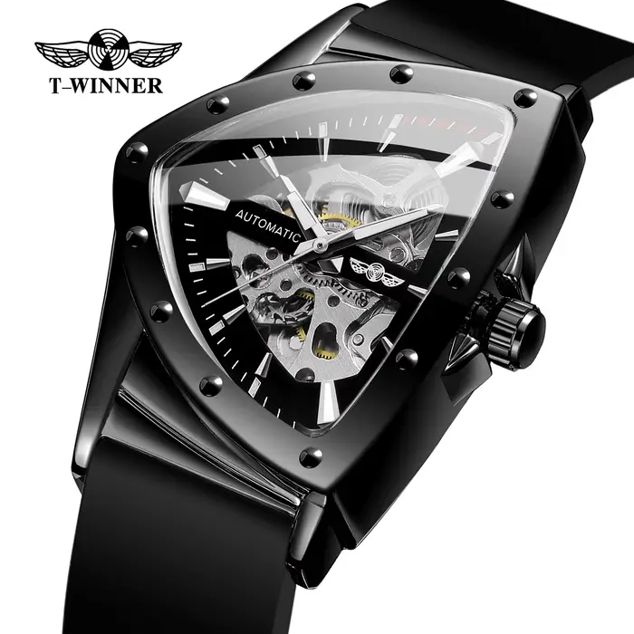 Montre T-WINNER Triangle en acier inoxydable avec mouvement automatique et bracelet en caoutchouc résistant à l'eau pour homme occasions spéciales et sportives