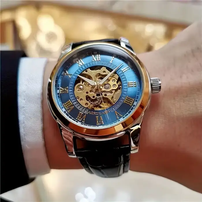 Montre mécanique automatique élégante pour homme avec design squelette - Bracelet en cuir