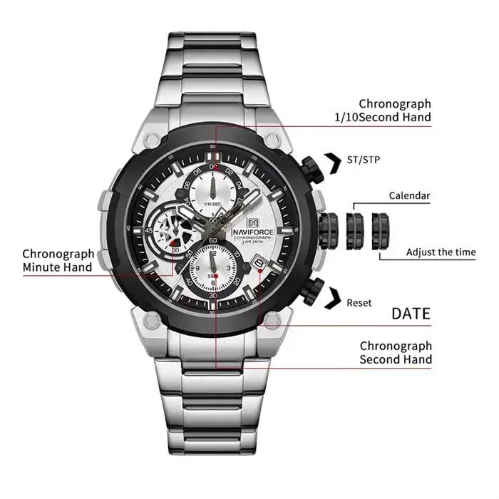 Montre Naviforce homme acier inoxydable avec affichage de la date et chronographe pour occasions spéciales et tenues de sport