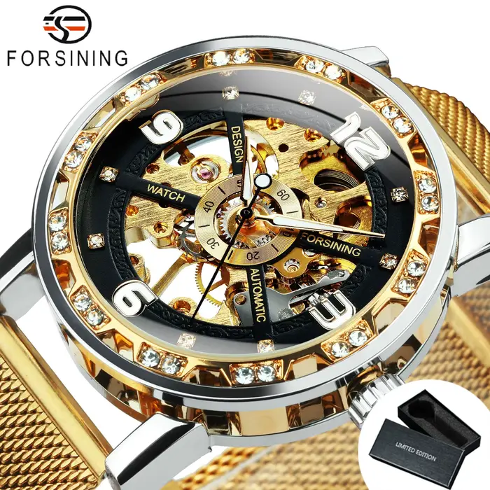Montre mécanique squelette classique pour homme, boîtier de luxe serti de pierres, bracelet en acier