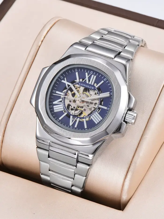 Montre homme automatique mécanique cadran romain squelette lumineuse acier inoxydable pour affaires et occasions spéciales