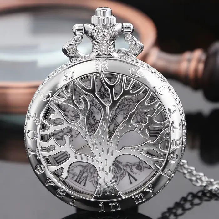 Montre de poche à quartz vintage steampunk avec design Arbre de Vie et chiffres romains, collier pen
