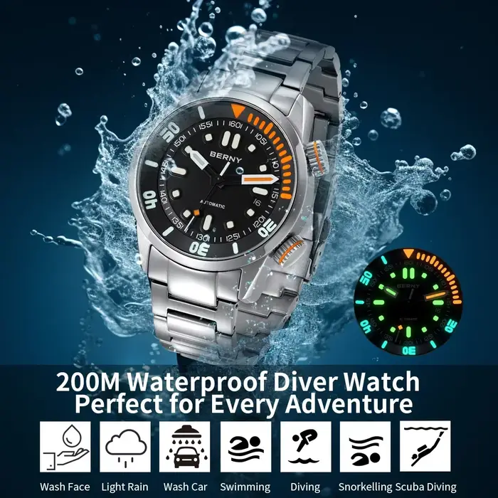 Montre de plongée BERNY avec mouvement automatique Miyota 8215 résistante à l'eau 200m pour hommes aventuriers et amoureux de la mer occasions spéciales et plongée sportive