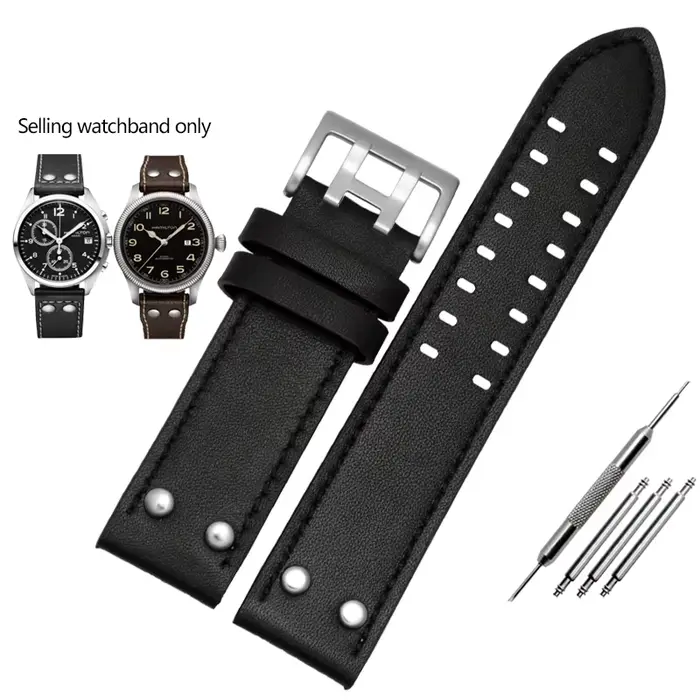 Bracelet de montre en cuir véritable pour hommes, avec Rivets, marron, kaki, série champ d'aviation,