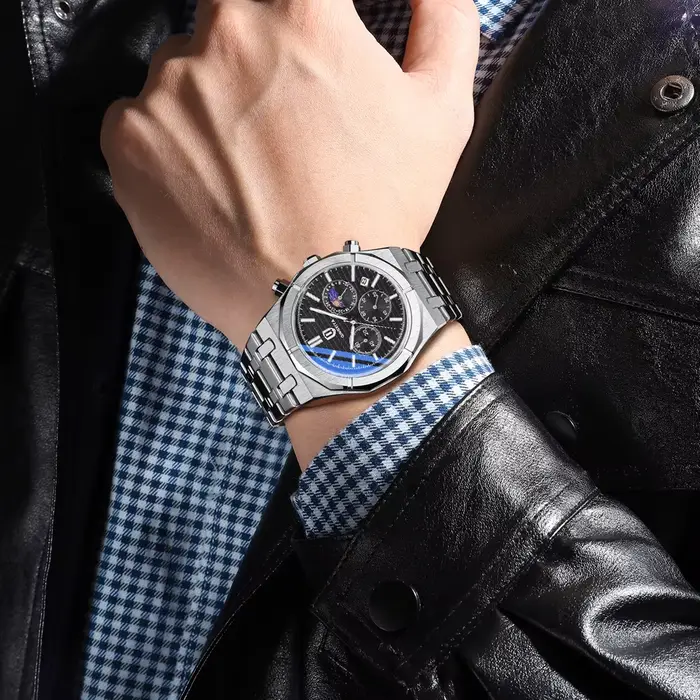 Montre chronographe phase de lune acier inoxydable résistante à l'eau pour hommes avec date mouvement quartz occasions spéciales