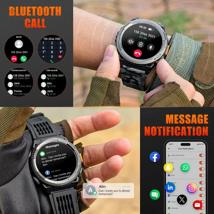Montre intelligente Ell5 2024 3iko avec boussole baromètre altitude appel lampe de poche LED pour sport aventuriers femmes hommes