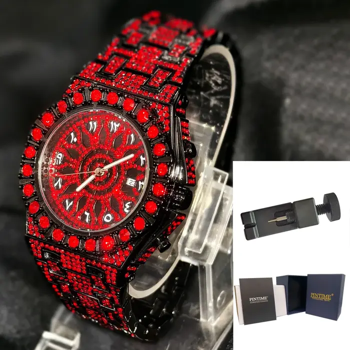 Montre homme diamant rouge PINTIME luxe quartz avec fermoir caché à bouton-poussoir pour homme occasions spéciales