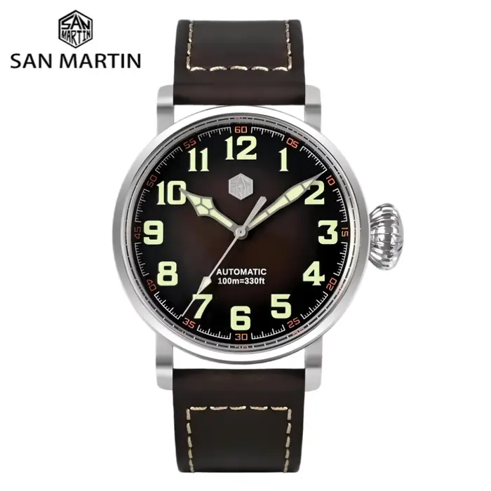 San Martin 45mm Bronze/acier montre mécanique pour hommes montre-bracelet étanche rétro pilote ST3621 luxe Saat lumineux 10Bar SN0095