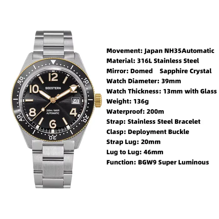 SEESTERN Diver hommes montre automatique mécanique montres NH35 mouvement lunette en céramique 20Bar étanche saphir Luminou S434-2