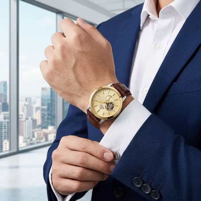 Montre automatique Orient homme squelette bracelet en cuir résistante à l'eau pour hommes occasions formelles et décontractées