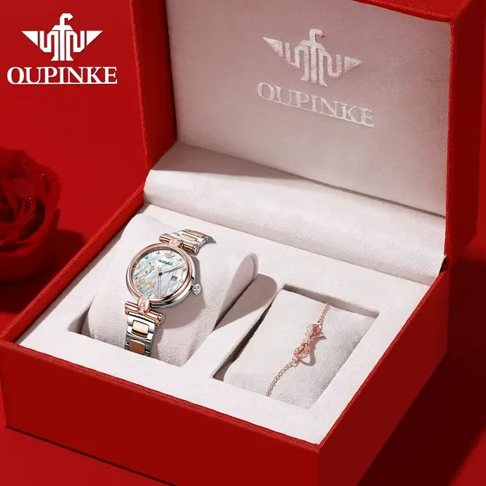 OUPINKE 3180 montre-bracelet mécanique pour femme élégant luxe bracelet en acier or Rose double cale