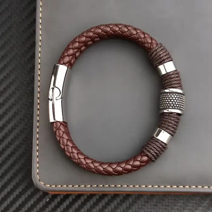 Luxe Vintage multicouche marron cuir acier inoxydable hommes Bracelet perle Bracelet bijoux mâle poi