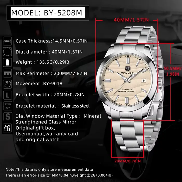 Montre mécanique pour homme BENYAR Design 40 mm