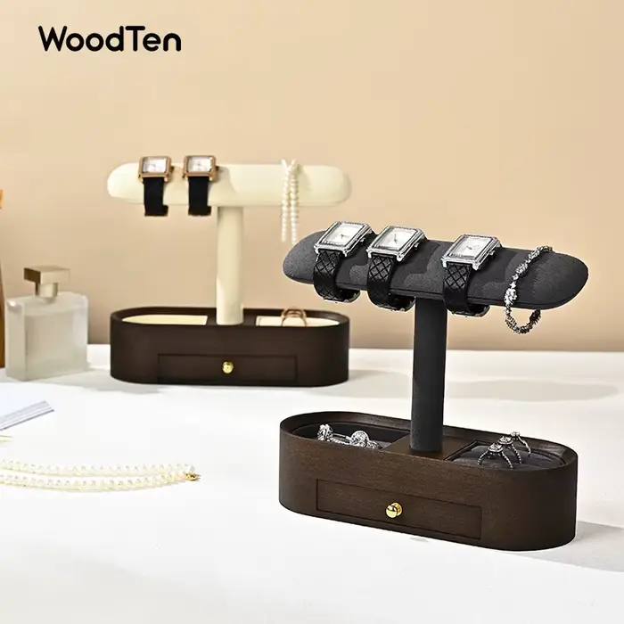 Présentoir de montre en bois massif avec tiroirs Double couche