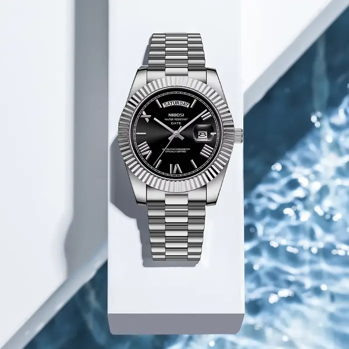 Montre NIBOSI en acier inoxydable quartz homme affichage date lumineux style mode et décontracté pour toutes les occasions