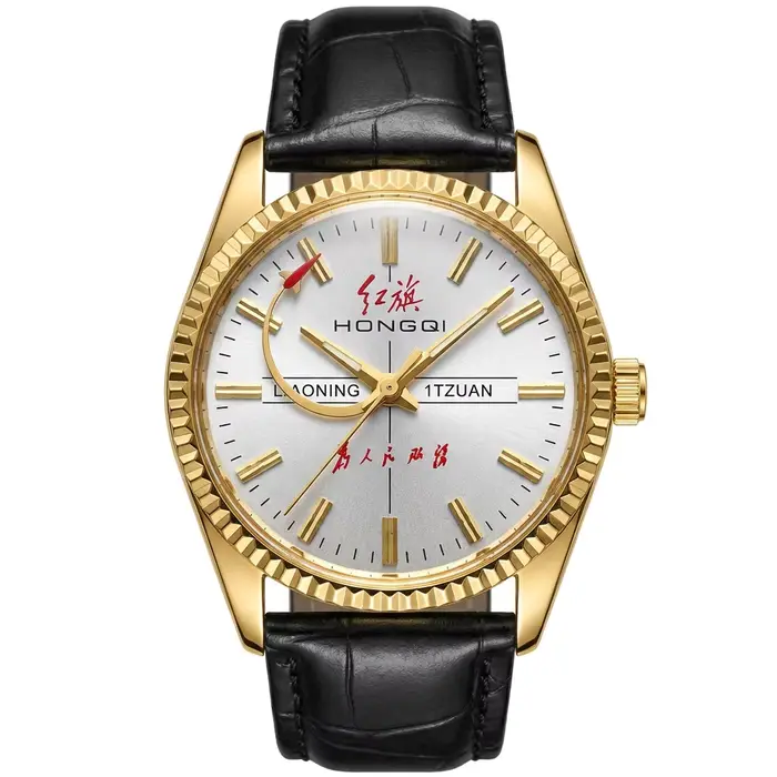 Montre mécanique vintage HONGQI pour homme, 17 rubis, remontage manuel, bracelet en cuir noir plaqué