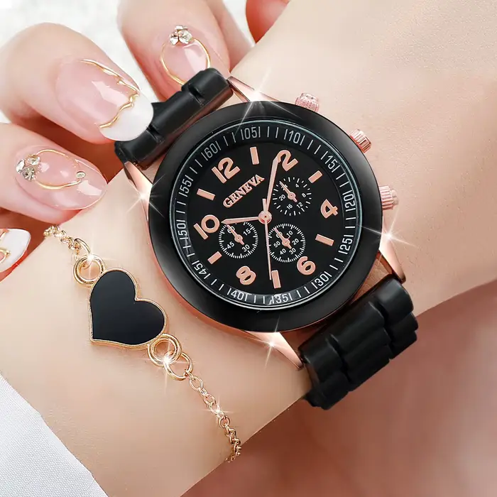 4 pièces/ensemble genève montre mode bracelet en Silicone femmes montres à Quartz coeur ensemble de bijoux (sans boîte)