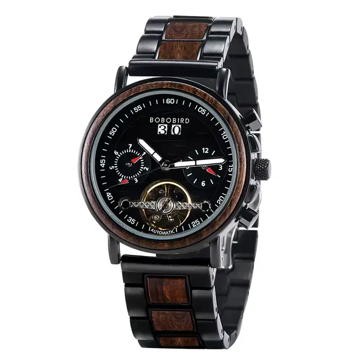 Montre mécanique en bois BOBO Bird étanche pour homme avec ventilation manuelle, cadran lumineux et bracelet en bois pour hommes élégants occasions spéciales