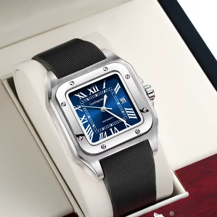 Montre mécanique homme carrée avec mouvement automatique calendrier complet résistante à l'eau pour occasions quotidiennes et professionnelles