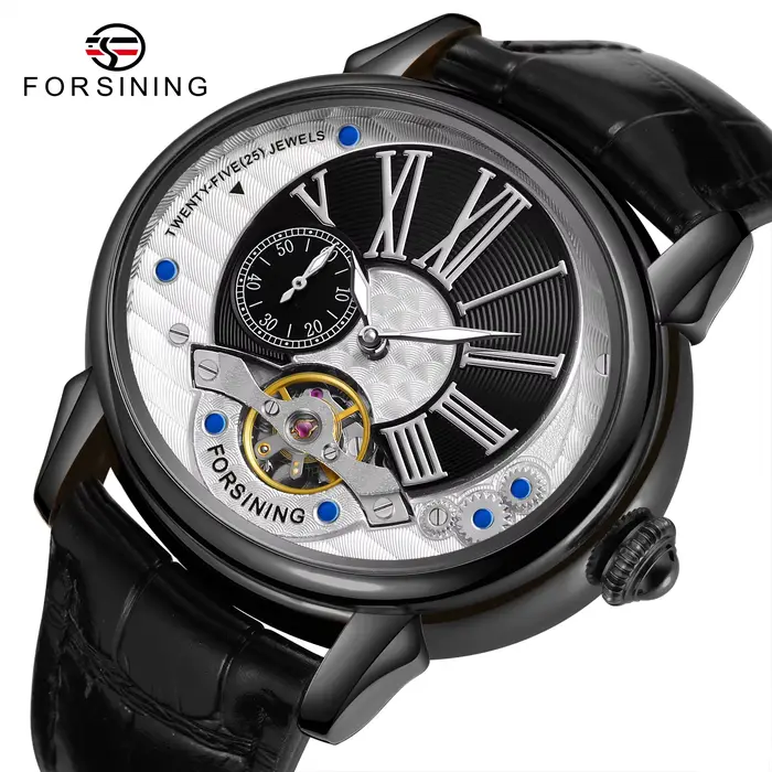Forsining-Montres Mécaniques Automatiques en Cuir pour Homme, Horloge Noire Dorée, Échelle Romaine, 