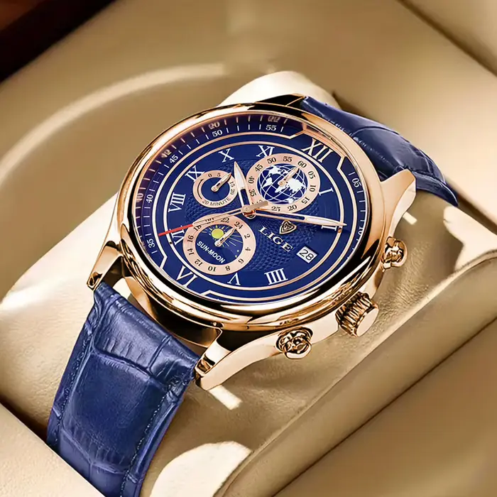 Nouvelles Montres Hommes 2026 LIGE Marque Haut de Gamme Cuir Chronographe Étanche Sport Automatique Date Quartz