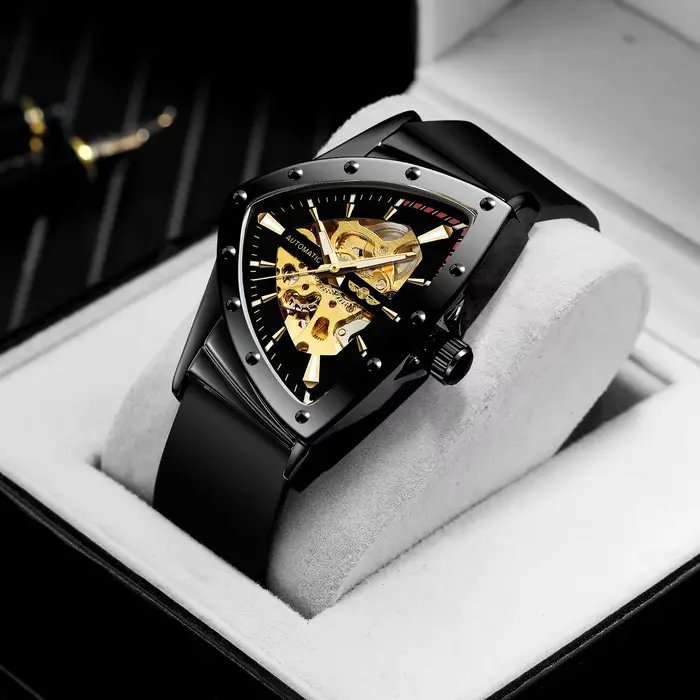 Montre T-WINNER Triangle en acier inoxydable avec mouvement automatique et bracelet en caoutchouc résistant à l'eau pour homme occasions spéciales et sportives