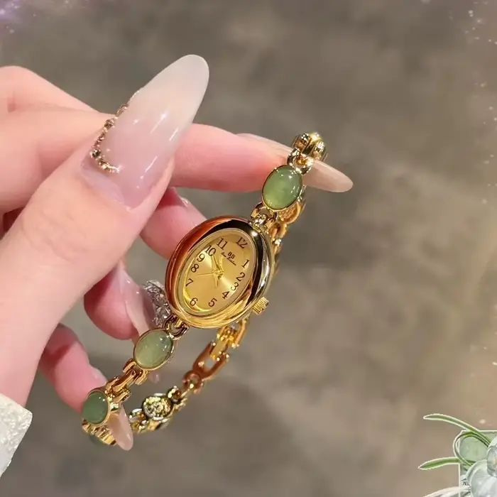 Montres de luxe à Quartz Vintage pour femmes, Bracelet en Jade vert naturel, chiffres d'horloge, pet