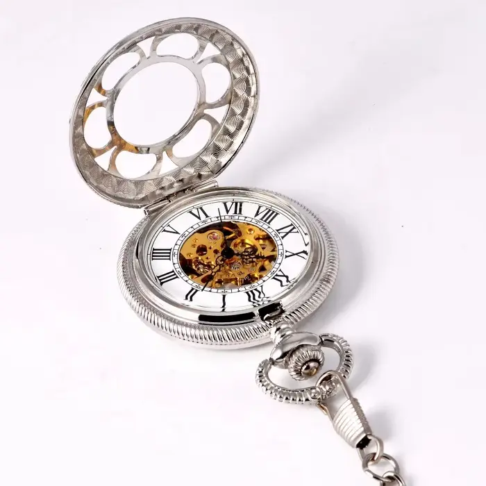 Montre de Poche Mécanique à Pétales Argentés pour Homme et Femme