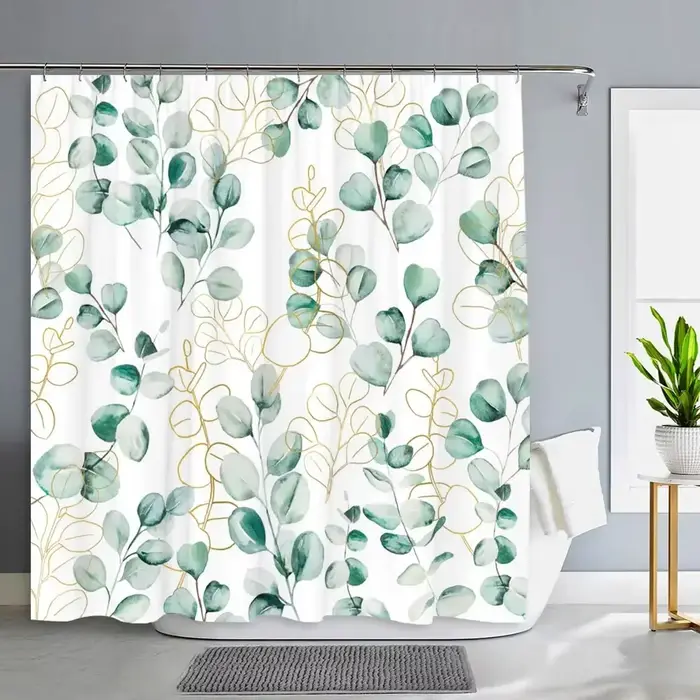 Rideau de Douche avec Plantes Vertes et Feuilles d'Eucalyptus
