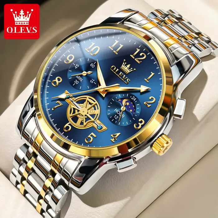 OLEVS-Montre-bracelet à quartz en acier inoxydable pour homme, chronographe, étanche, phase de lune,
