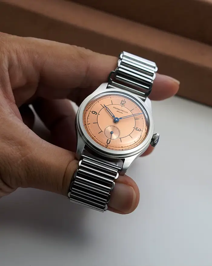 Pierre Paulin saumon cadran montre 50m peau plongeur montre Vintage petites secondes mécanique montre à main 38mm Reloj Hombre métal