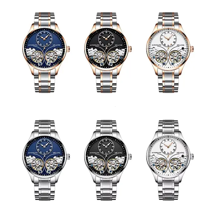 AILANG flambant neuf mode Double Tourbillon montre pour hommes de luxe en acier inoxydable étanche automatique montres