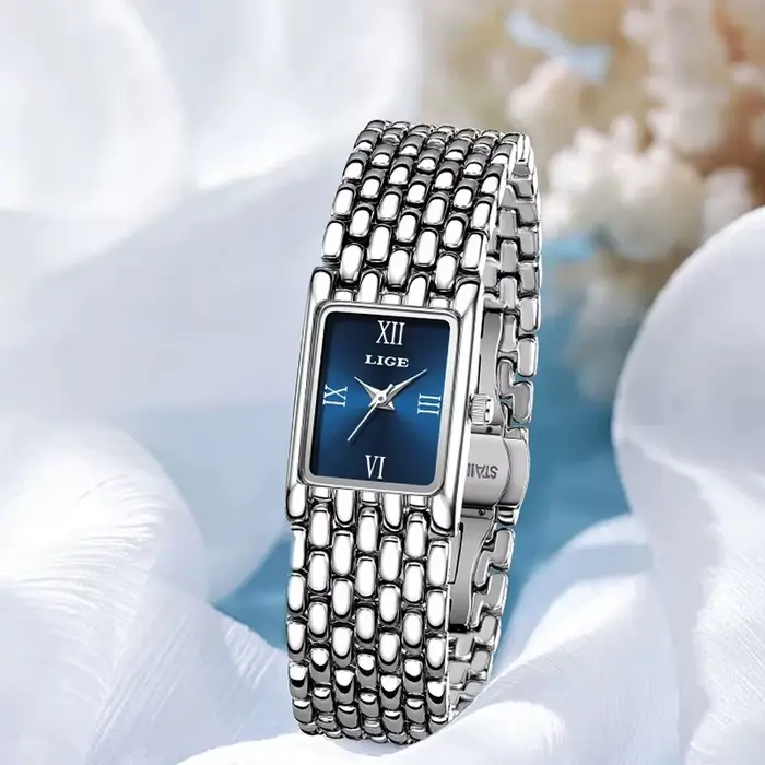 LIGE montre en argent pour femmes carré dames montres à Quartz en acier inoxydable
