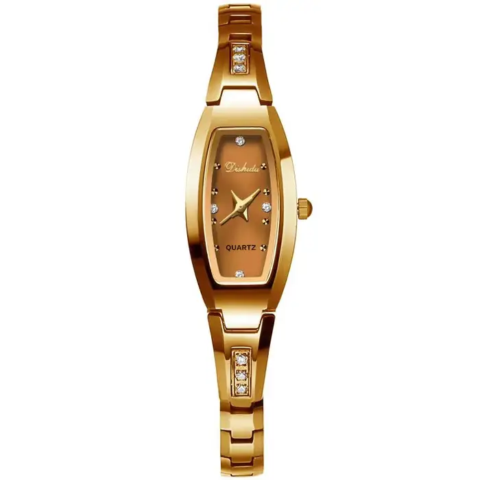 Montre rétro dorée vintage pour femmes avec mouvement quartz et fermoir caché à bouton-poussoir pour différentes occasions élégantes