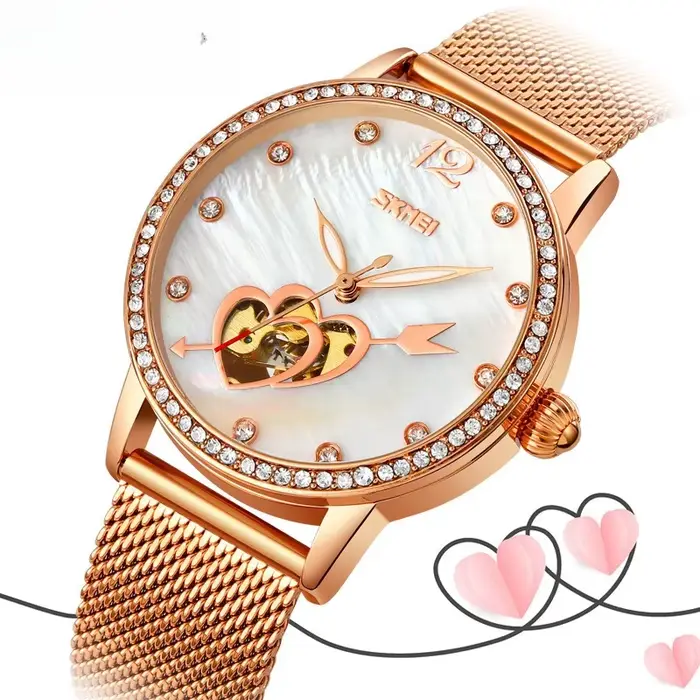 Montre mécanique automatique en acier inoxydable avec strass pour femmes résistante à l'eau et lumineuse pour occasions spéciales