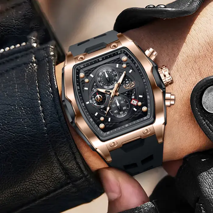 LIGE montre d'affaires pour hommes étanche chronographe lumineux Date mouvement à Quartz bracelet en Silicone montre-bracelet en mâle + emballage en boîte