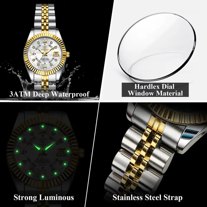 Montre élégante en acier inoxydable avec affichage numérique romain et fonction date automatique pour femmes occasions spéciales