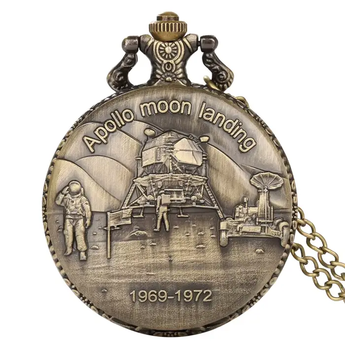 Antique Apollo Moon Landing 1969-1972 Design montre de poche à quartz unisexe avec collier chaîne af