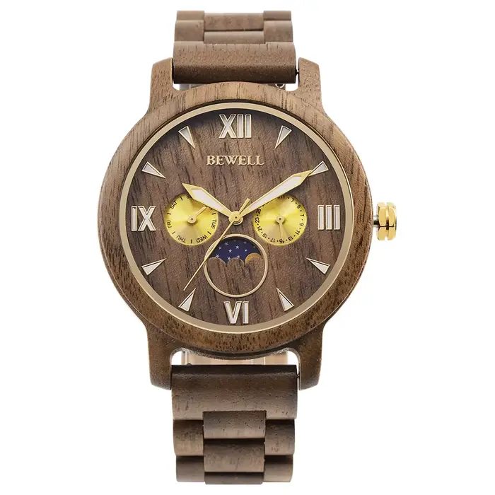 Coffret montre homme en noyer, cadran rond lumineux léger, chronographe, double affichage et date, m