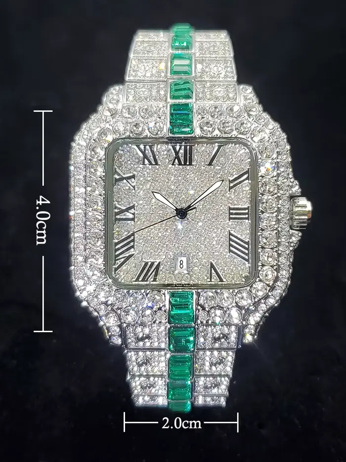 Montre à Quartz pour hommes luxueux montres en diamant vert pour homme glacé Hip Hop brillant calendrier Durable