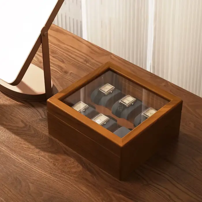 Oirlv boîte de rangement de montre en bois délicate couvercle en verre anti-poussière