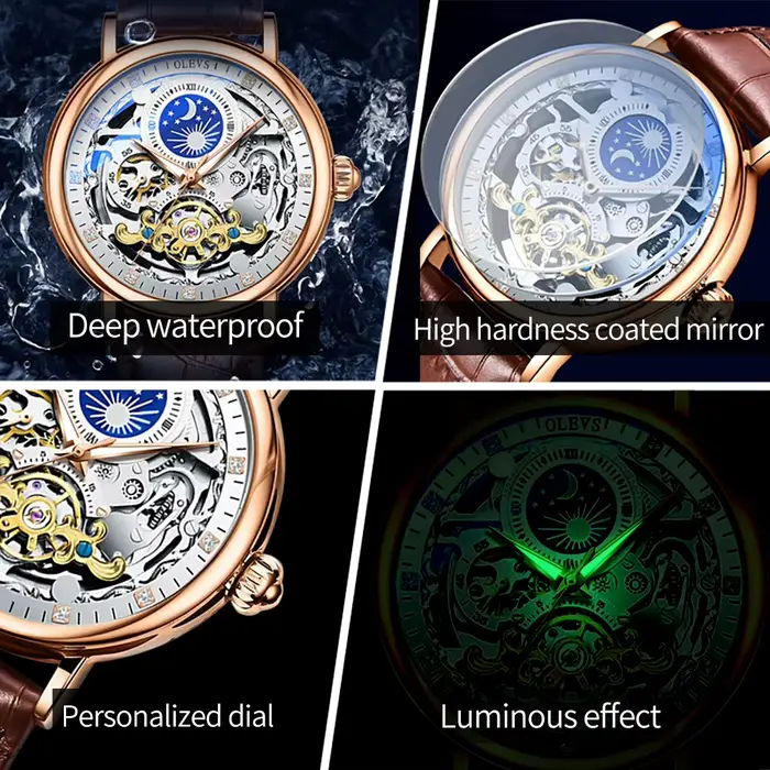 Montre mécanique OLEVS luxe avec tourbillon squelette phase de lune pour homme cuir résistant à l'eau occassions spéciales